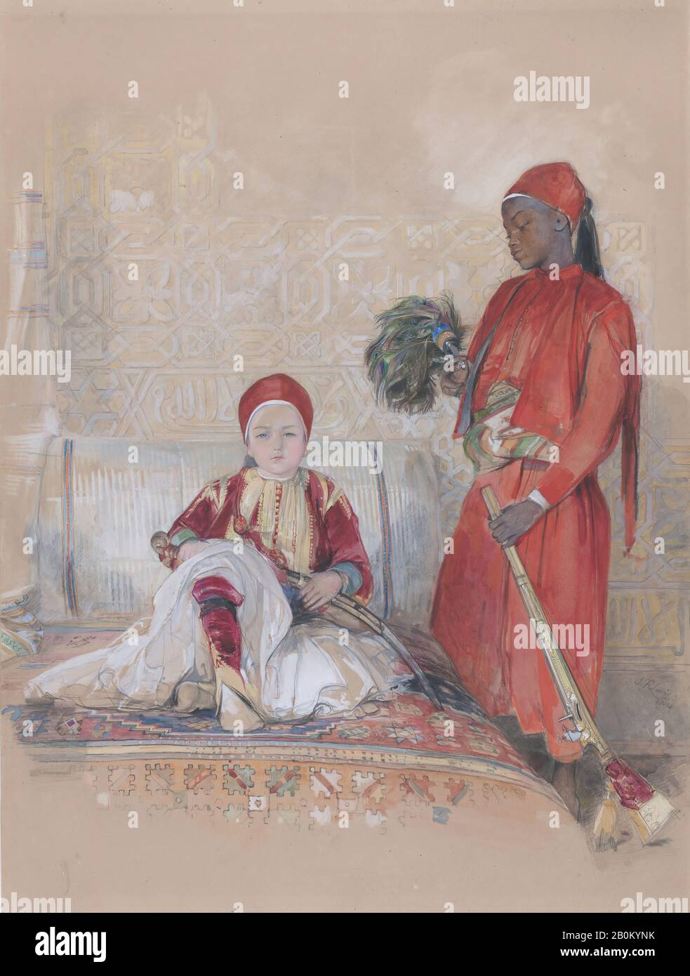 John Frederick Lewis, Iskander Bey and his Servant, John Frederick Lewis (British, London 1804–1876 Walton-on-Thames), Iskandar Bey (Mohamed el Mahdy) (Egyptian, born 1836), ca. 1848, Watercolor and bodycolor over graphite, Sheet: 20 in. × 14 1/2 in. (50.8 × 36.8 cm), Drawings Stock Photo