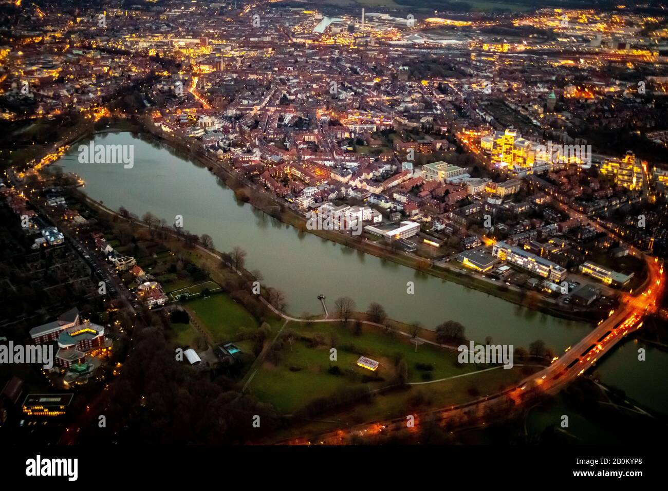 aerial photo, lake Aasee, Aasee Park, night photo, Münster, Münsterland