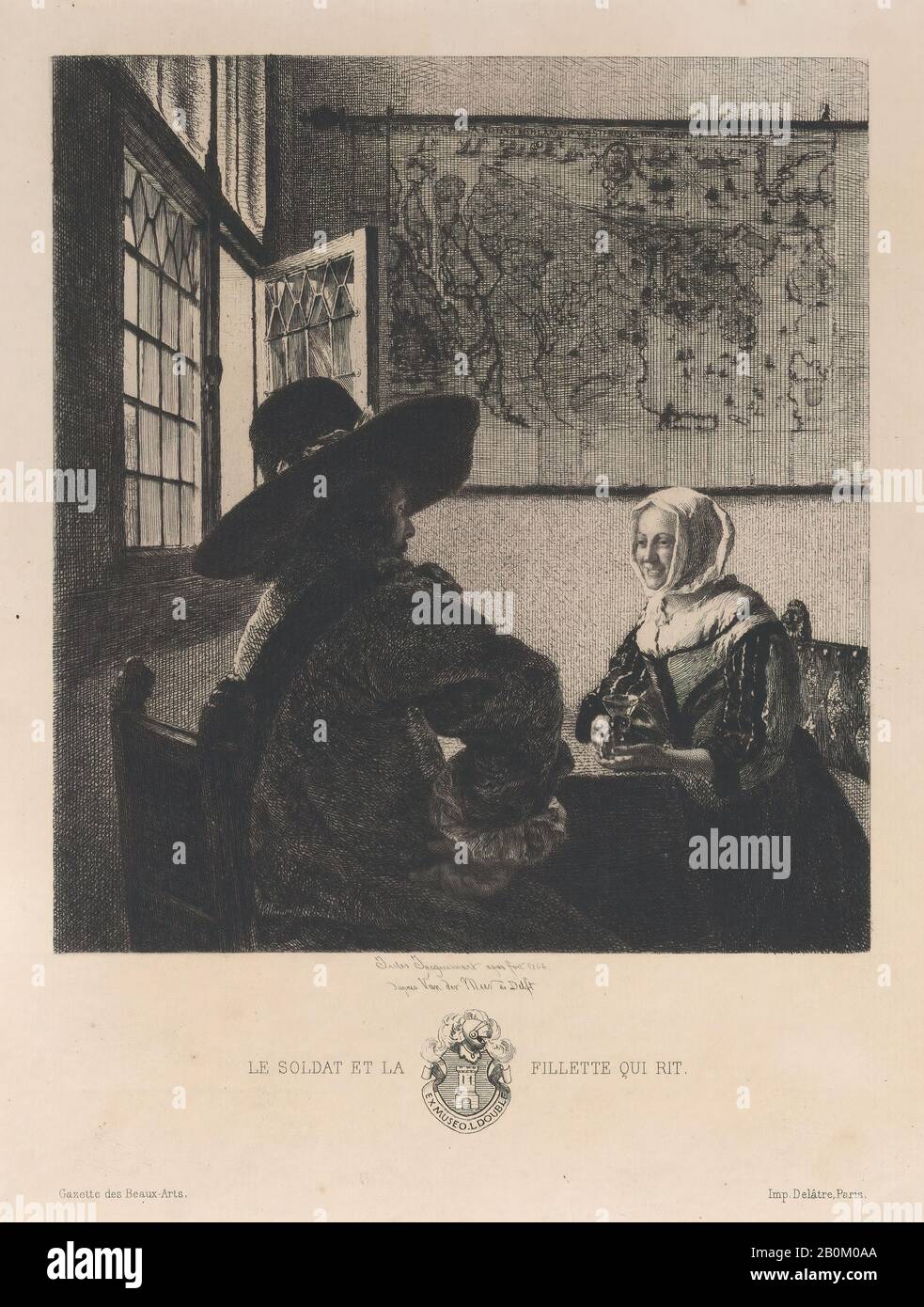 Jules-Ferdinand Jacquemart, Officer and Laughing Girl, after Vermeer, Jules-Ferdinand Jacquemart (French, Paris 1837–1880 Paris), After Johannes Vermeer (Dutch, Delft 1632–1675 Delft), 1866, Etching; fifth state of six (Gonse), Sheet: 9 1/16 in. × 7 in. (23 × 17.8 cm), Plate: 6 1/2 × 6 in. (16.5 × 15.3 cm), Prints Stock Photo