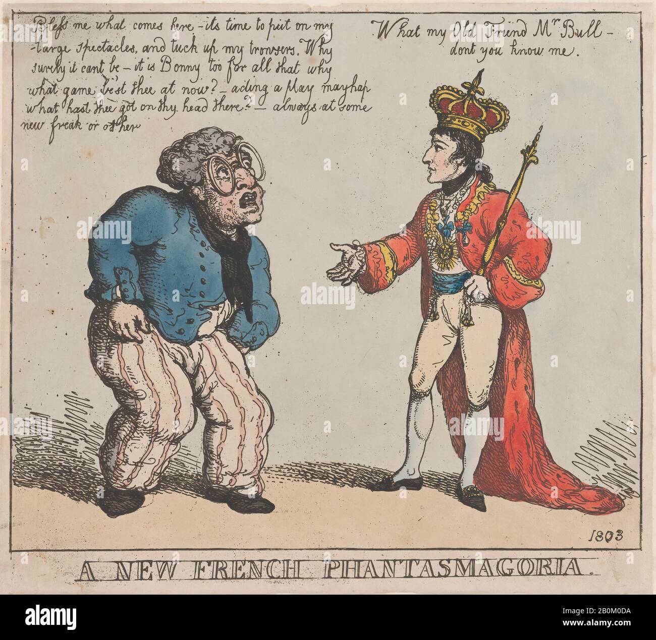 Thomas Rowlandson, A New French Phantasmagoria, Thomas Rowlandson (British, London 1757–1827 London), After? George Moutard Woodward (British, ca. 1760–1809 London), Napoléon Bonaparte (French, Ajaccio 1769–1821 St. Helena), 1803, Hand-colored etching, Sheet: 10 1/4 × 11 5/16 in. (26 × 28.7 cm), Prints Stock Photo