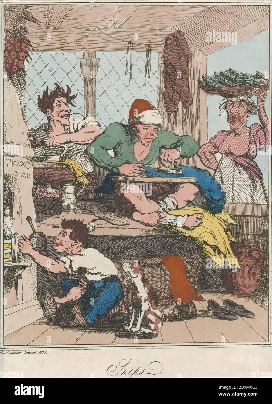 Thomas Rowlandson, Snips, Thomas Rowlandson (British, London 1757–1827 London), 1815, Hand-colored etching, Sheet: 12 1/16 × 8 3/4 in. (30.6 × 22.2 cm), Prints Stock Photo