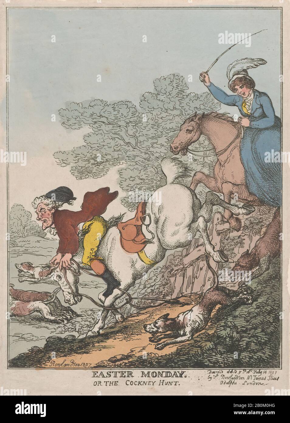 Thomas Rowlandson, Easter Monday, or The Cockney Hunt, July 14, 1807, Hand-colored etching, Sheet: 13 5/16 × 9 3/4 in. (33.8 × 24.7 cm), Prints Stock Photo