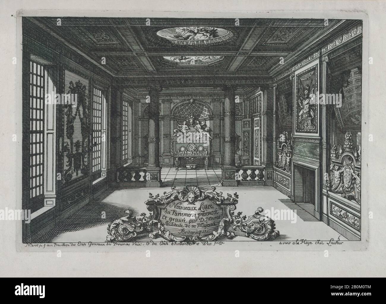Daniel Marot the Elder, Title Plate with a Cartouche Set in a Lavish Interior, from Nouveaux Liure da Partements, part of Œuvres du Sr. D. Marot, Nouveaux Liure da Partements, Daniel Marot the Elder (French, Paris 1661–1752 The Hague), published 1703 or 1712, Etching, Sheet: 8 1/2 × 13 1/2 in. (21.6 × 34.3 cm), Plate: 7 5/16 × 10 11/16 in. (18.5 × 27.1 cm Stock Photo