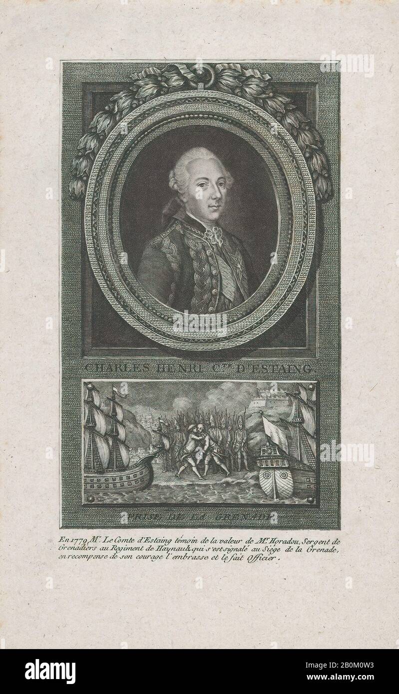 Jacques Barbié, Portrait of Charles Henri, Comte D'Estaing, Jacques Barbié (French, Paris 1735–1779 Paris), 1779, Etching and engraving; second state, Sheet: 9 9/16 × 6 7/16 in. (24.3 × 16.4 cm), Plate: 8 3/8 × 5 3/16 in. (21.3 × 13.1 cm), Prints Stock Photo