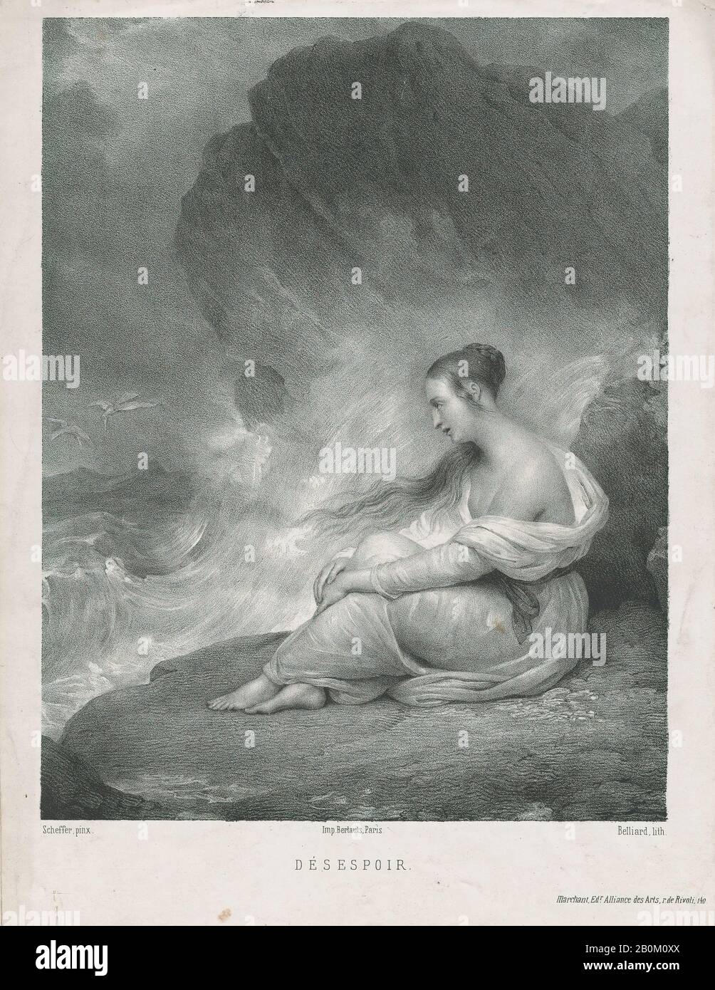Zéphirin Belliard, Despair, Zéphirin Belliard (French, 1798–1861), After Ary Scheffer (Dutch, Dordrecht 1795–1858 Argenteuil (active France)), 1830–58, Lithograph, Sheet: 12 13/16 × 9 9/16 in. (32.5 × 24.3 cm), Image: 10 1/8 × 12 7/8 in. (25.7 × 32.7 cm), Prints Stock Photo