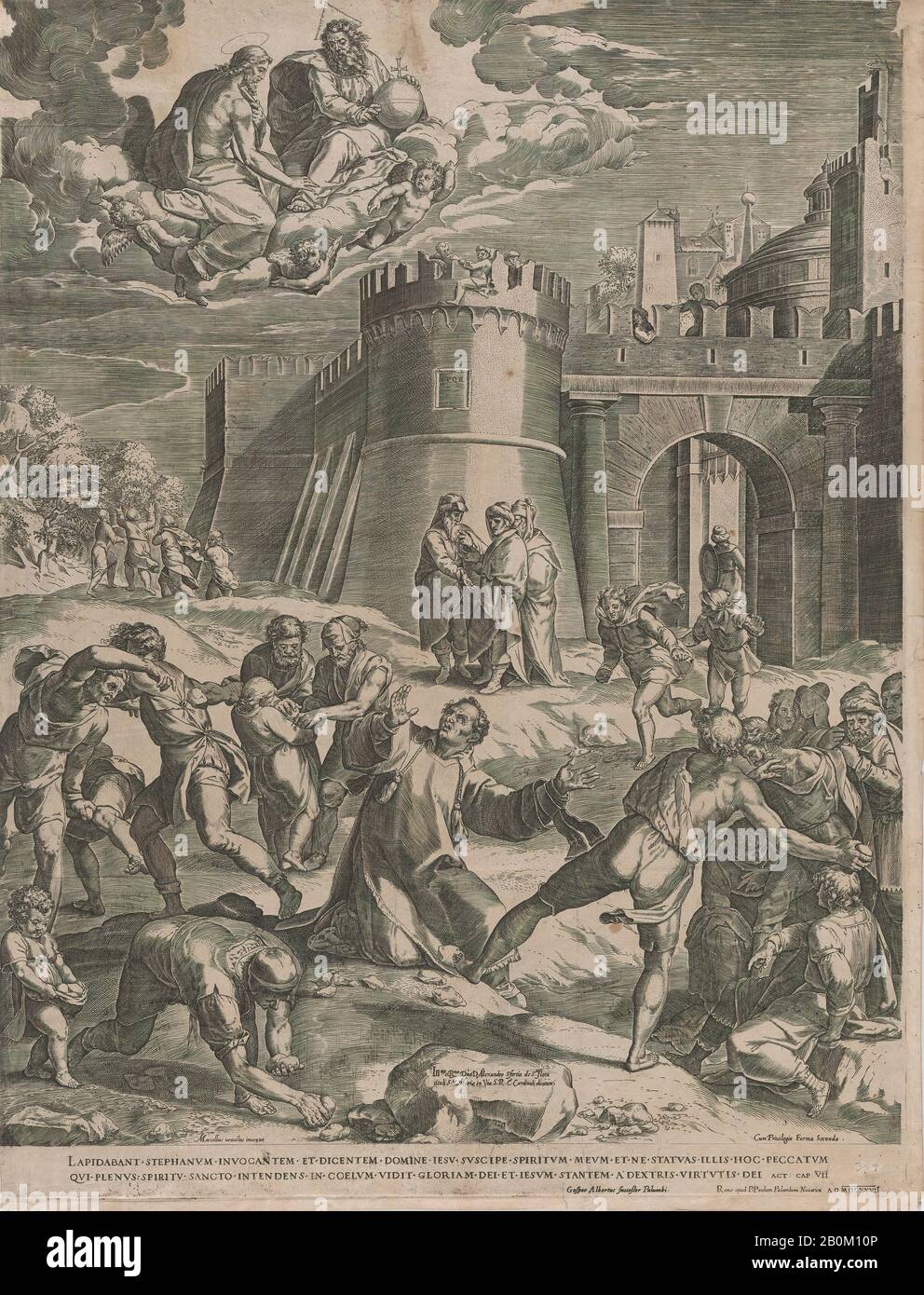 Cornelis Cort, The Martyrdom of St Stephen, Cornelis Cort (Netherlandish, Hoorn ca. 1533–1578 Rome), After Marcello Venusti (Italian, Mazzo di Valtellina (Sondrio) ca. 1512–1579 Rome), 1576, Engraving, Prints Stock Photo