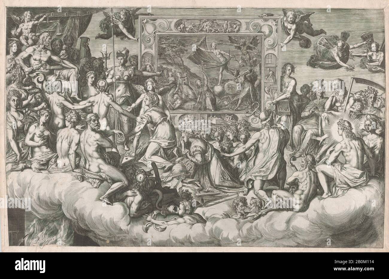 Cornelis Cort, Lament of the Art of Painting (Upper Half), Cornelis Cort (Netherlandish, Hoorn ca. 1533–1578 Rome), After Federico Zuccaro (Zuccari) (Italian, Sant'Angelo in Vado 1540/42–1609 Ancona), 1579, Engraving, Prints Stock Photo