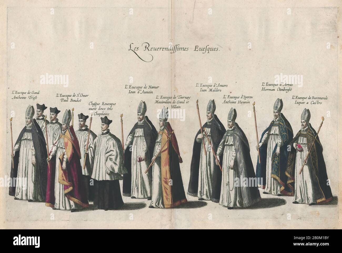 Cornelis Galle I, Plate 12: Members of the clergy marching in the funeral procession of Archduke Albert of Austria; from 'Pompa Funebris, Alberti Pii', Cornelis Galle I (Netherlandish, Antwerp 1576–1650 Antwerp), After Jacques Francquart (French, Brussels 1577–1651 Brussels), 1623, Etching with hand coloring, Sheet: 11 3/16 × 15 1/4 in. (28.4 × 38.8 cm), Plate: 10 3/16 × 14 9/16 in. (25.8 × 37 cm Stock Photo