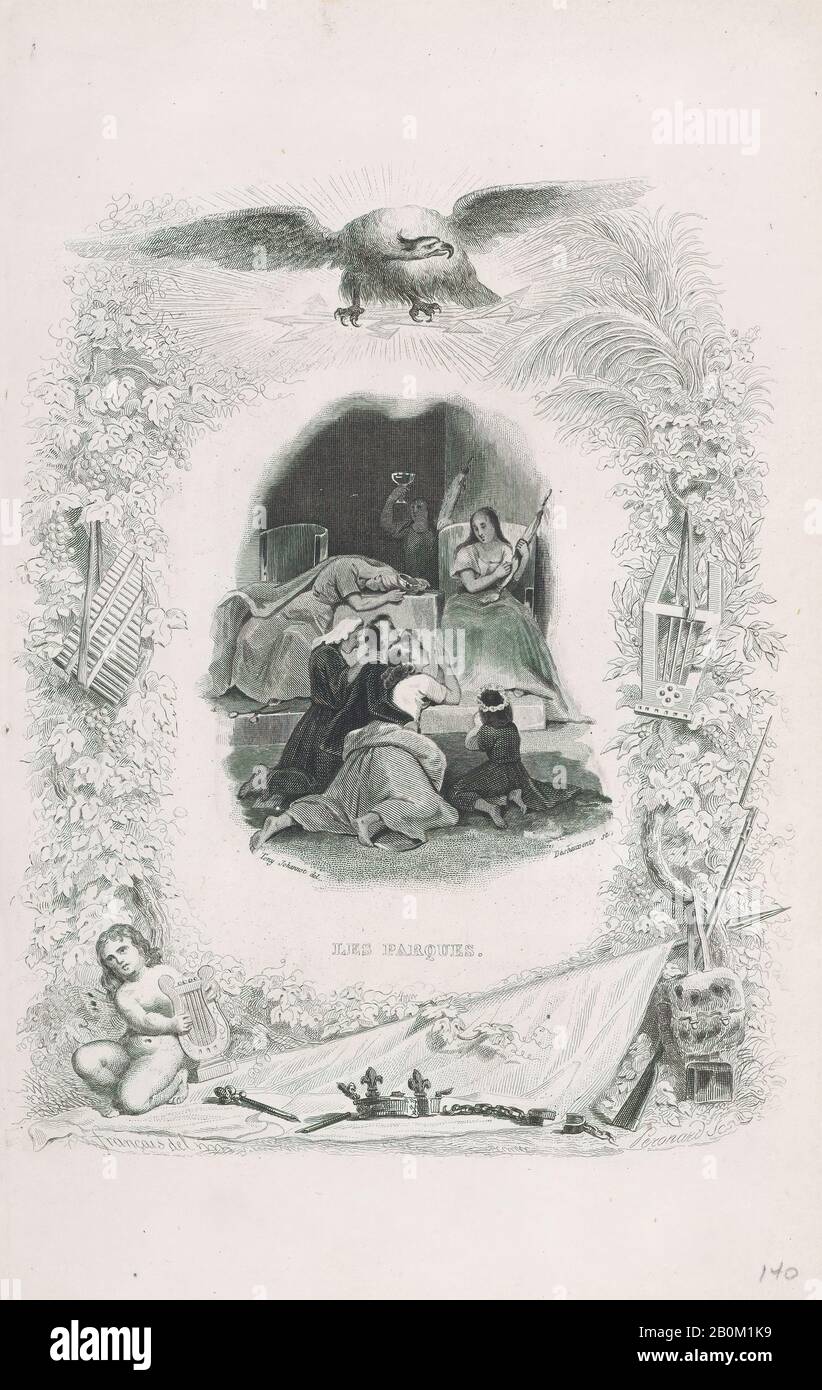 Tony Johannot, 'The Fates' from The Songs of Béranger, Chansons de Béranger, W. J. J. Déshauvents (French, active Paris, ca. 1829–34), Melchior Péronard (French), Pierre Jean de Béranger (French, Paris 1780–1857 Paris), 1829, Intaglio, Sheet: 8 5/8 × 5 1/2 in. (21.9 × 14 cm), Prints Stock Photo