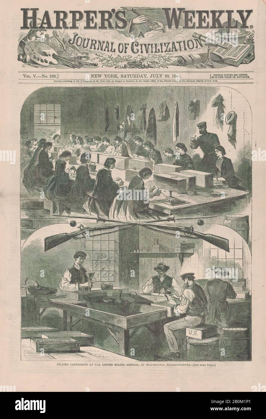 After Winslow Homer, Filling Cartridges at the United States Arsenal, at Watertown, Massachusetts (Harper's Weekly, Vol. V), After Winslow Homer (American, Boston, Massachusetts 1836–1910 Prouts Neck, Maine), July 20, 1861, Wood engraving, image: 10 7/8 x 9 1/4 in. (27.6 x 23.5 cm), sheet: 16 1/8 x 10 7/8 in. (41 x 27.6 cm), Prints Stock Photo