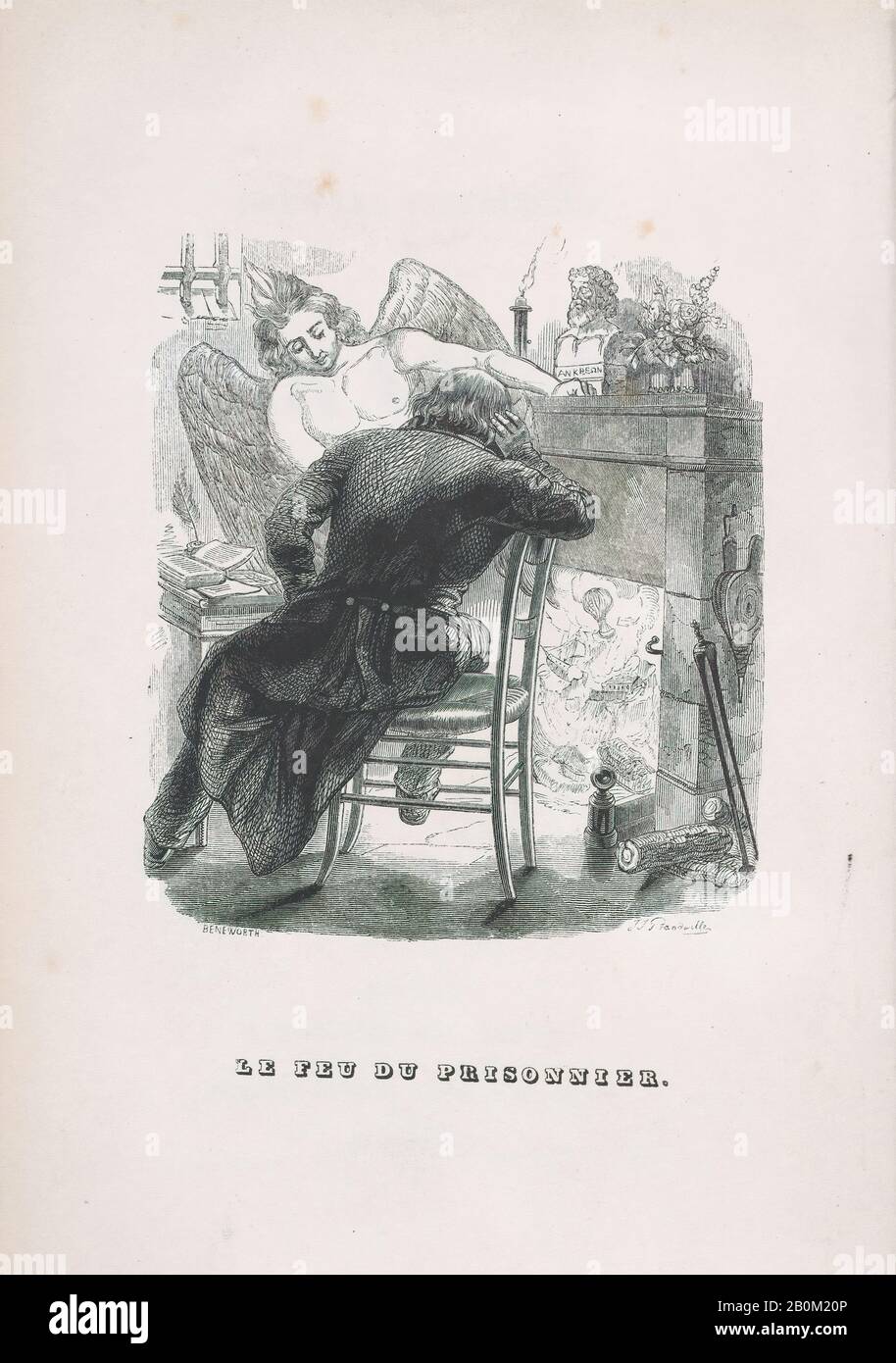 J. J. Grandville, 'The Prisonner's Fire' from The Complete Works of Béranger, Oeuvres complètes de Béranger, J. J. Grandville (French, Nancy 1803–1847 Vanves), J. Constantine Beneworth (active France, 19th century), Pierre Jean de Béranger (French, Paris 1780–1857 Paris), 1836, Wood engraving, Sheet: 8 5/8 × 5 1/2 in. (21.9 × 14 cm), Prints Stock Photo