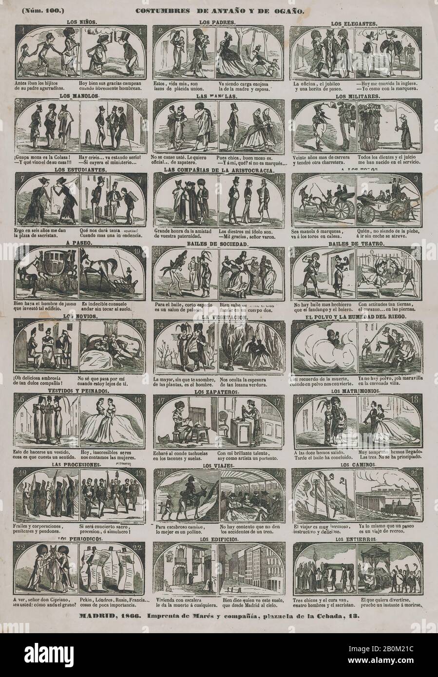 José María Marés, Broadside with 48 (24 pairs) scenes contrasting Spanish customs past and present, 1866, Wood engraving, Sheet: 17 5/16 × 12 3/16 in. (44 × 31 cm), Prints Stock Photo
