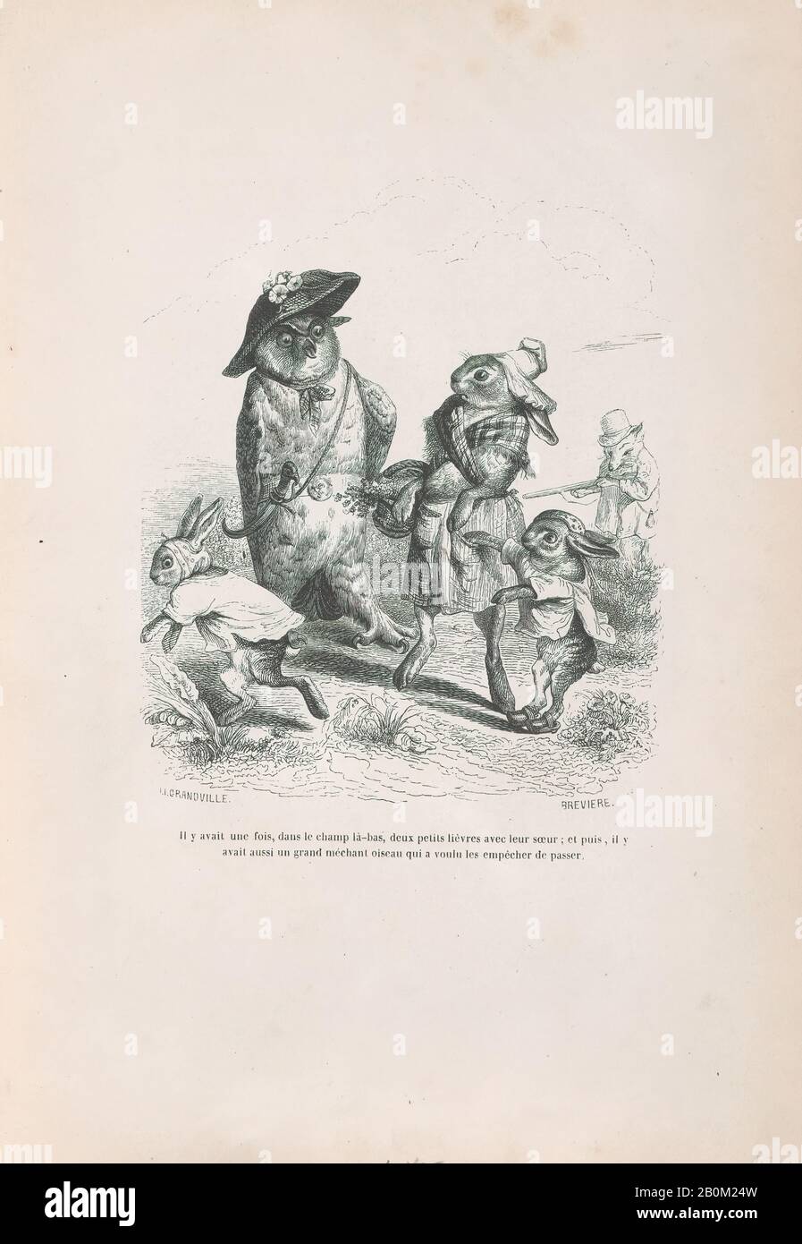 J. J. Grandville, 'There was once, in the camp there, two little hares with their sister, and then there was also a big bad bird who wanted to stop them from passing' from Scenes from the Private and Public Life of Animals, Scenes de la Vie Privèe et Publique des Animaux, J. J. Grandville (French, Nancy 1803–1847 Vanves), Louis-Henri Brevière (French, Forges-les-Eaux 1797–1869 Hyers), Honoré de Balzac (French, Tours 1799–1850 Paris), ca. 1837–47, Wood engraving, Sheet: 10 3/8 × 7 3/16 in. (26.3 × 18.2 cm), Prints Stock Photo