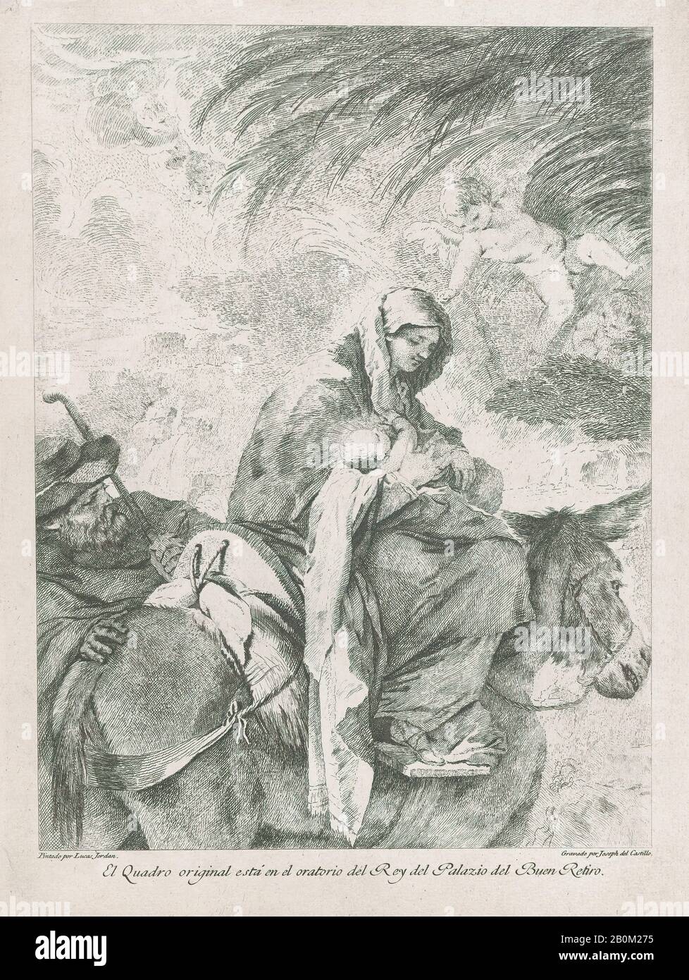 José del Castillo, The flight into Egypt, the Virgin and Child on a donkey, Joseph to the left, after Luca Giordano, José del Castillo (Spanish, Madrid 1737–1793 Madrid), After Luca Giordano (Italian, Naples 1634–1705 Naples), ca. 1765–93, Etching, Sheet: 12 13/16 × 9 7/16 in. (32.5 × 24 cm), Prints Stock Photo