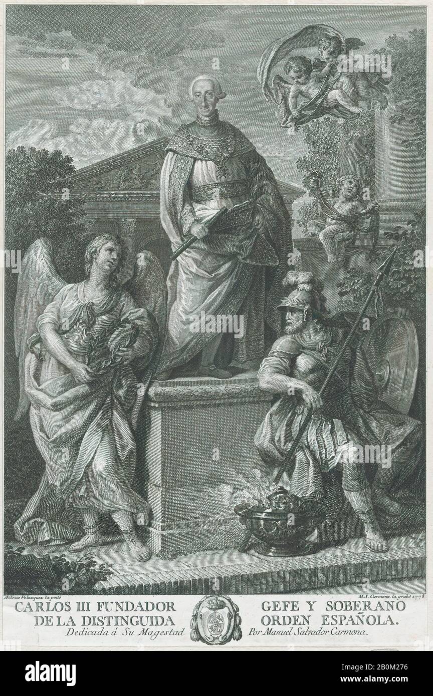 Manuel Salvador Carmona, Allegorical portrait of Carlos III standing on a pedestal flanked by figures (War and Peace?), Manuel Salvador Carmona (Spanish, 1734–1820), After Antonio Vázquez (Spanish, active 1792–1836), 1778, Engraving, Sheet: 12 11/16 × 8 1/4 in. (32.2 × 21 cm), Prints Stock Photo