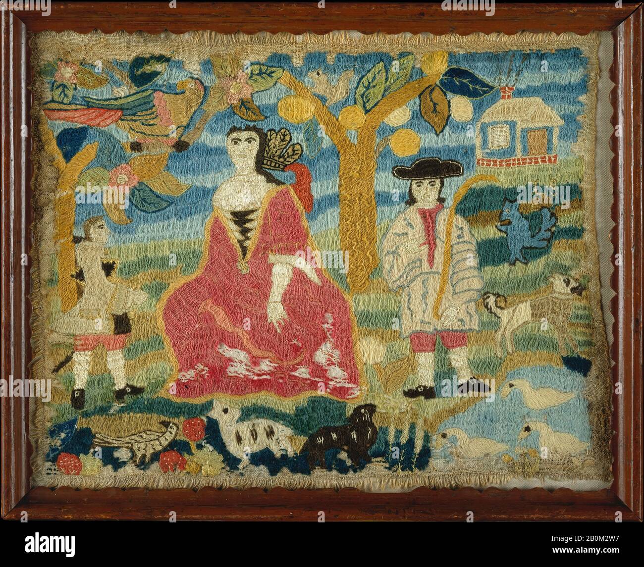 The Indian Princess, American, ca. 1750, Made in Boston, Massachusetts, United States, American, Wool and silk on linen, embroidered, 10 3/4 x 13 3/4 in. (27.3 x 34.9 cm), Textiles Stock Photo