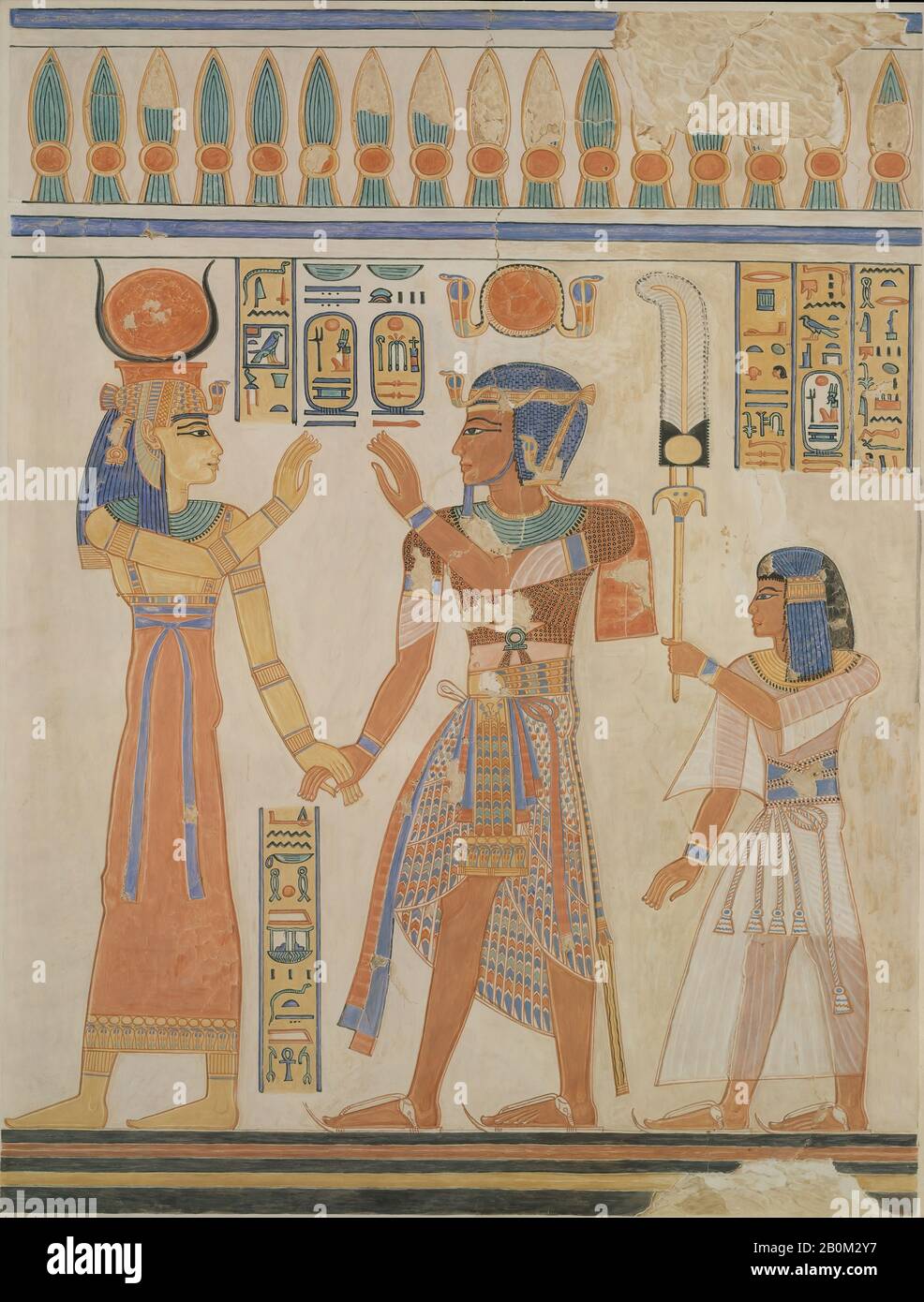 Nina de Garis Davies, Ramesses III and Prince Amenherkhepeshef before Hathor, New Kingdom, Ramesside, Nina de Garis Davies (1881–1965), Dynasty 20, reign of Ramesses III, Original ca. 1184–1153 B.C., Original from Egypt, Upper Egypt, Thebes, Valley of the Queens, Tomb of Amenherkhepeshef, Paper, tempera paint, ink, facsimile: h. 94.5 cm (37 3/16 in); w. 64.5 cm (25 3/8 in), scale about 2:5, framed: h. 87.3 cm (34 3/8 in); w. 67.3 cm (26 1/2 in Stock Photo