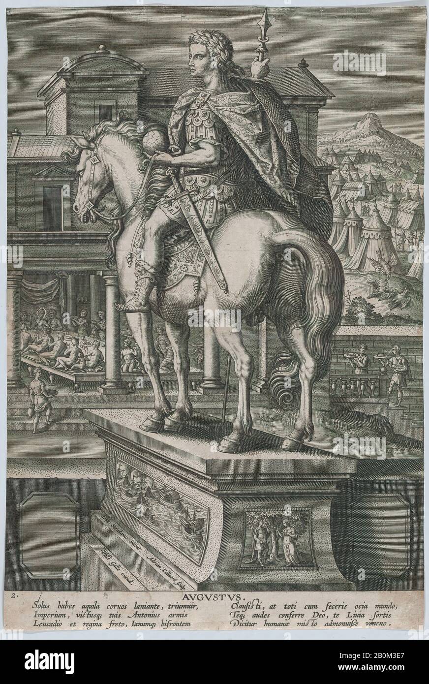 Adriaen Collaert, Plate 2: equestrian statue of Augustus, holding a globe and seen from behind, with a feast occurring at left in the background, from 'Roman Emperors on Horseback', 'Roman Emperors on Horseback', Adriaen Collaert (Netherlandish, Antwerp ca. 1560–1618 Antwerp), After Jan van der Straet, called Stradanus (Netherlandish, Bruges 1523–1605 Florence), ca. 1587–89, Engraving, Sheet (Trimmed): 12 11/16 × 8 9/16 in. (32.3 × 21.7 cm), Prints Stock Photo