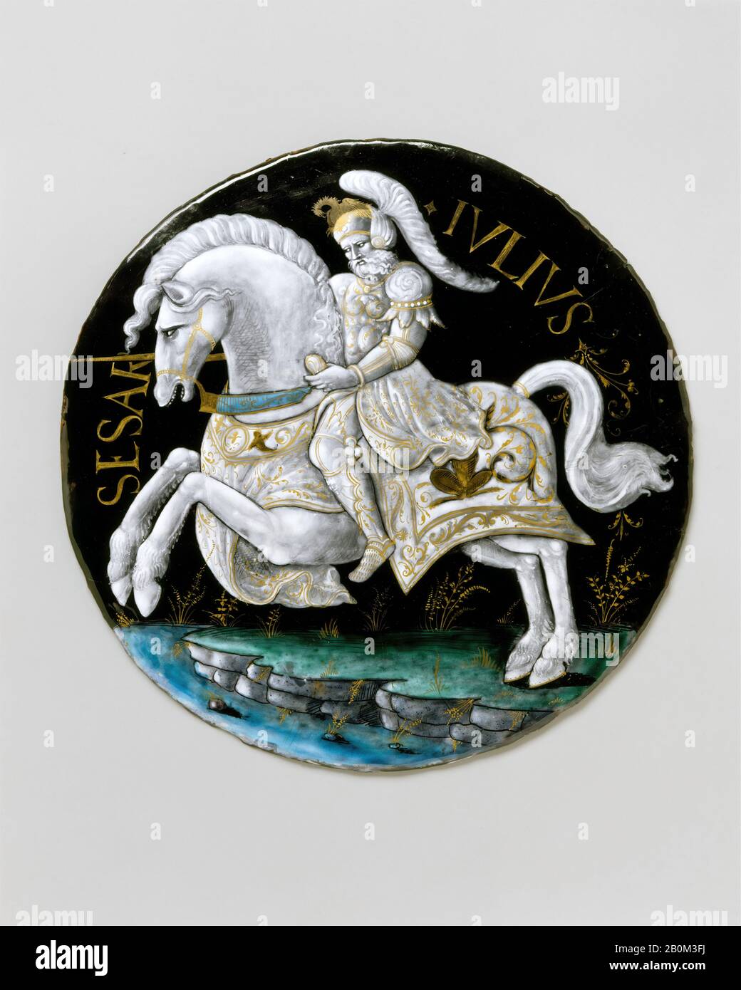 Workshop of Colin Nouailher, Julius Caesar, French, Limoges, Workshop of Colin Nouailher (French, active 1539, d. after 1571), probably ca. 1541, French, Limoges, Painted enamel on copper, partly gilt, Diameter (without frame): 9 1/2 in. (24.1 cm), Diameter (with frame): 14 7/8 in. (37.8 cm), Enamels-Painted Stock Photo