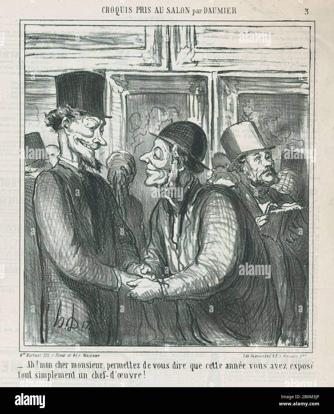 Honoré Daumier, Ah, my dear sir, allow me to tell you that this year you have quite simply exhibited a masterpiece, from 'Sketches from the Salon,' published in Le Charivari, May 31, 1865, 'Sketches from the Salon' (Croquis pris au Salon), Honoré Daumier (French, Marseilles 1808–1879 Valmondois), May 31, 1865, Lithograph on newsprint; second state of two (Delteil), Image: 9 3/16 × 8 3/16 in. (23.4 × 20.8 cm), Sheet: 11 13/16 × 11 7/16 in. (30 × 29.1 cm), Prints Stock Photo