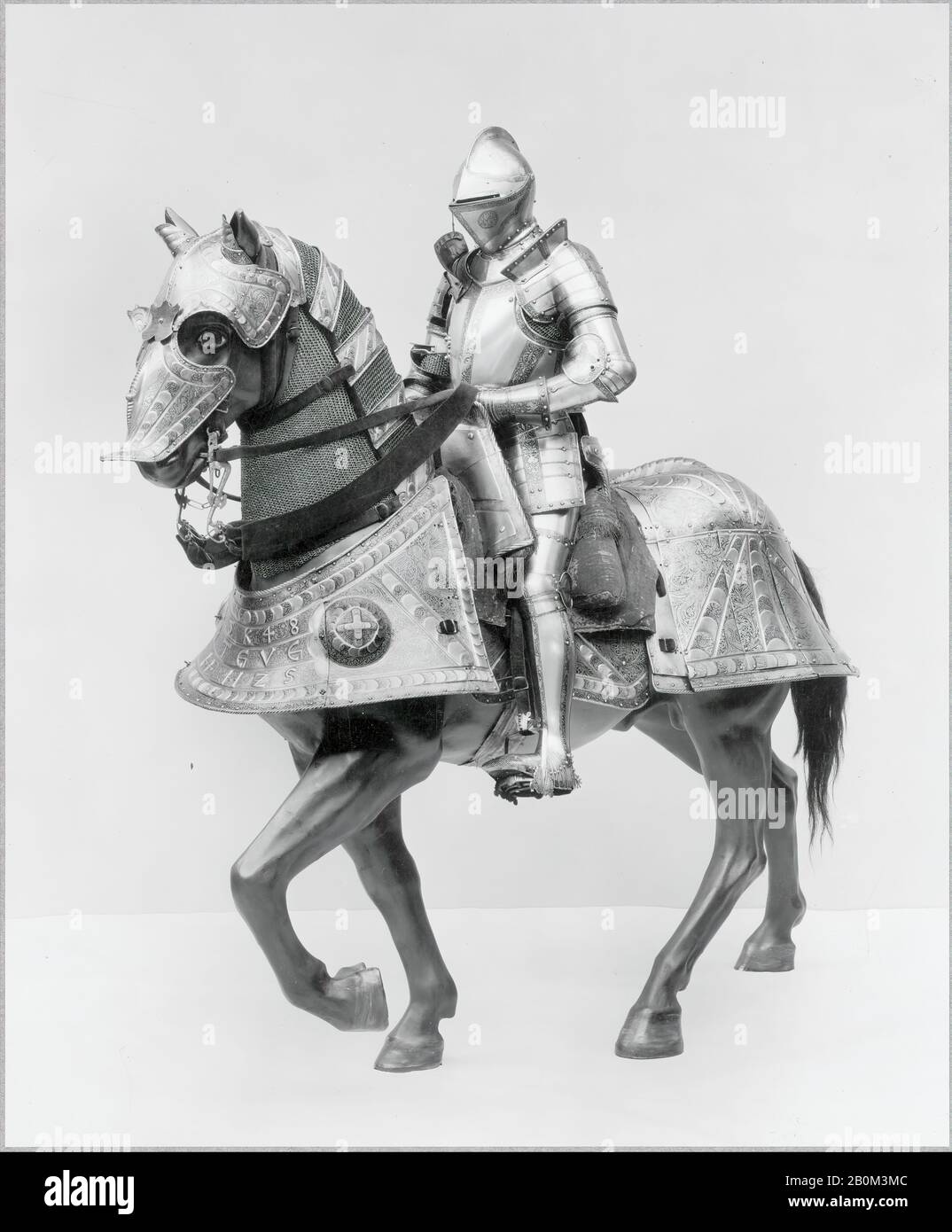 Kunz Lochner, Horse Armor Made for Johann Ernst, Duke of Saxony-Coburg (1521–1553), German, Nuremberg, dated 1548, Nuremberg, German, Nuremberg, Steel, leather, copper alloy, textile, Wt. including saddle 92 lb. (41.73 kg); bit: H. 6 in (15.2 cm); W. 11 in (27.9 cm), Armor for Horse Stock Photo