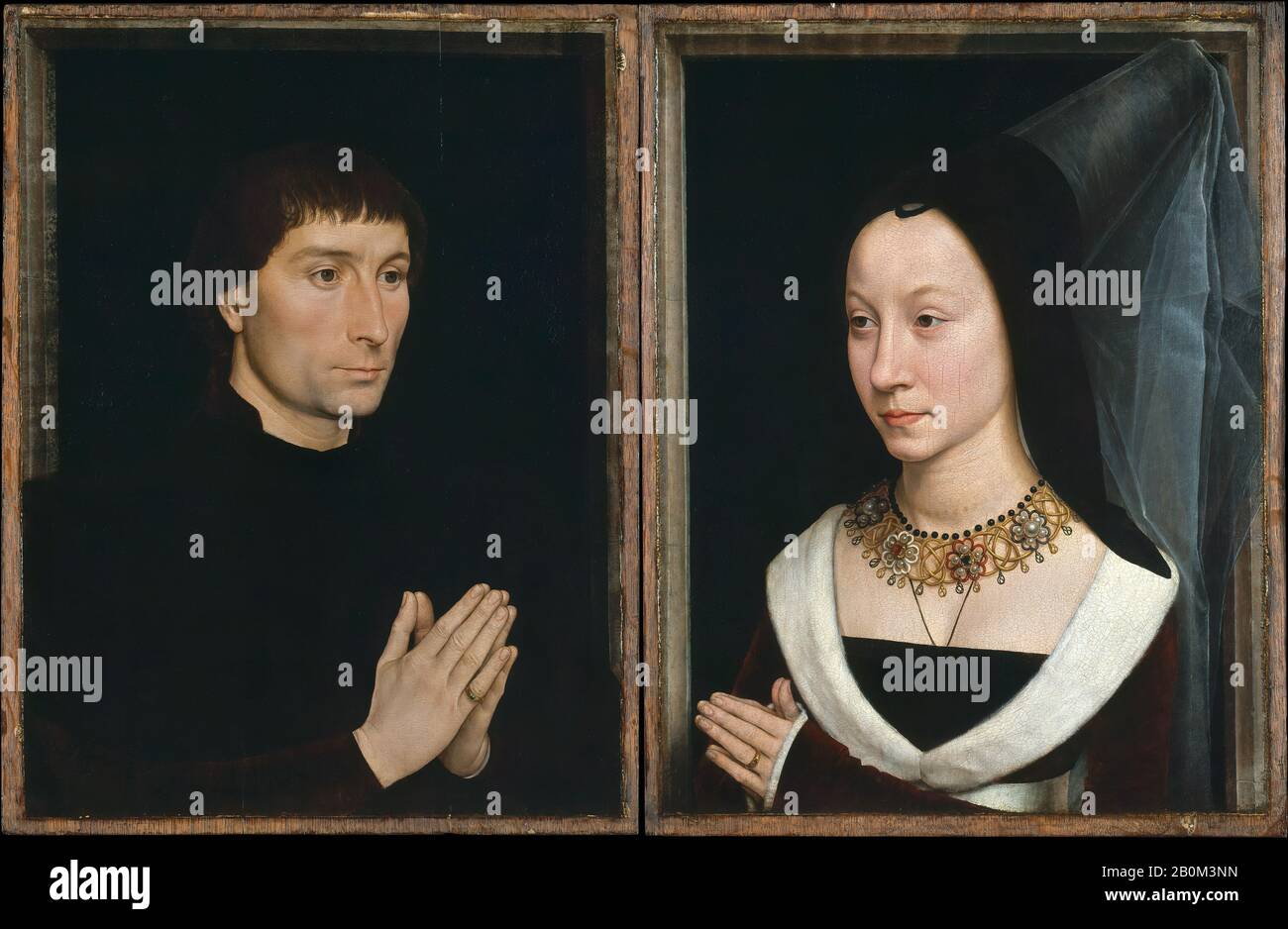 Hans Memling, Tommaso di Folco Portinari (1428–1501); Maria Portinari (Maria Maddalena Baroncelli, born 1456), Hans Memling (Netherlandish, Seligenstadt, active by 1465–died 1494 Bruges), ca. 1470, Oil on wood, (.626, Tommaso) overall 17 3/8 x 13 1/4 in. (44.1 x 33.7 cm), painted surface 16 5/8 x 12 1/2 in. (42.2 x 31.8 cm); (.627, Maria) overall 17 3/8 x 13 3/8 in. (44.1 x 34 cm); painted surface 16 5/8 x 12 5/8 in. (42.2 x 32.1 cm), Paintings Stock Photo