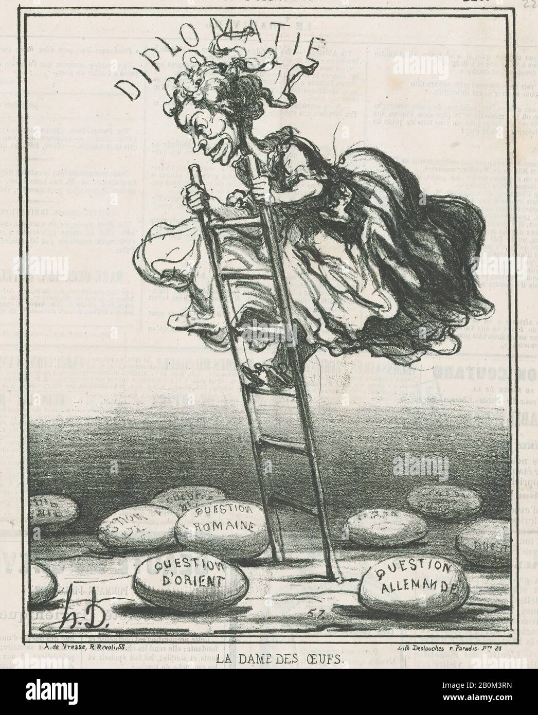 Honoré Daumier, The lady of the eggs: Watch out! It's important not to break any of them!, from 'News of the day,' published in Le Charivari, November 24, 1866, 'News of the day' (Actualités), Honoré Daumier (French, Marseilles 1808–1879 Valmondois), November 24, 1866, Lithograph on newsprint; second state of two (Delteil), Image: 9 5/8 × 7 1/2 in. (24.4 × 19 cm), Sheet: 11 5/16 × 11 1/2 in. (28.8 × 29.2 cm), Prints Stock Photo