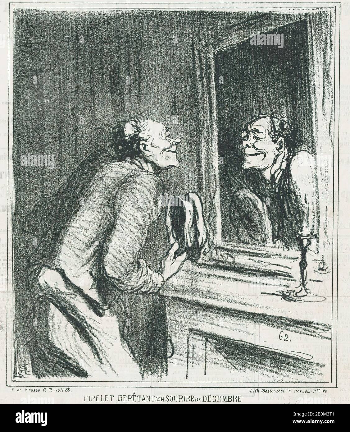 Honoré Daumier, The concierge rehearsing his December smile: Take care! take care! For New Year's Day is approaching!, from 'News of the day,' published in Le Charivari, December 13, 1866, 'News of the day' (Actualités), Honoré Daumier (French, Marseilles 1808–1879 Valmondois), December 13, 1866, Lithograph on newsprint; second state of two (Delteil), Image: 9 1/4 × 7 15/16 in. (23.5 × 20.1 cm), Sheet: 11 7/8 × 9 15/16 in. (30.2 × 25.2 cm), Prints Stock Photo