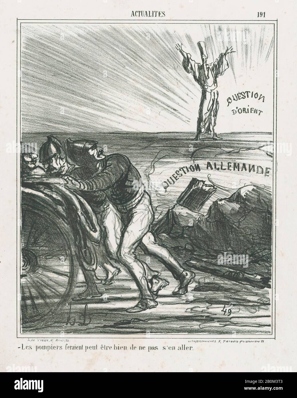 Honoré Daumier, Maybe the firemen really shouldn't leave just yet, from 'News of the day,' published in Le Charivari, October 4, 1866, 'News of the day' (Actualités), Honoré Daumier (French, Marseilles 1808–1879 Valmondois), October 4, 1866, Lithograph on wove paper; third state of three (Delteil), Image: 10 3/16 × 8 1/4 in. (25.9 × 21 cm), Sheet: 14 1/8 × 10 3/8 in. (35.9 × 26.4 cm), Prints Stock Photo