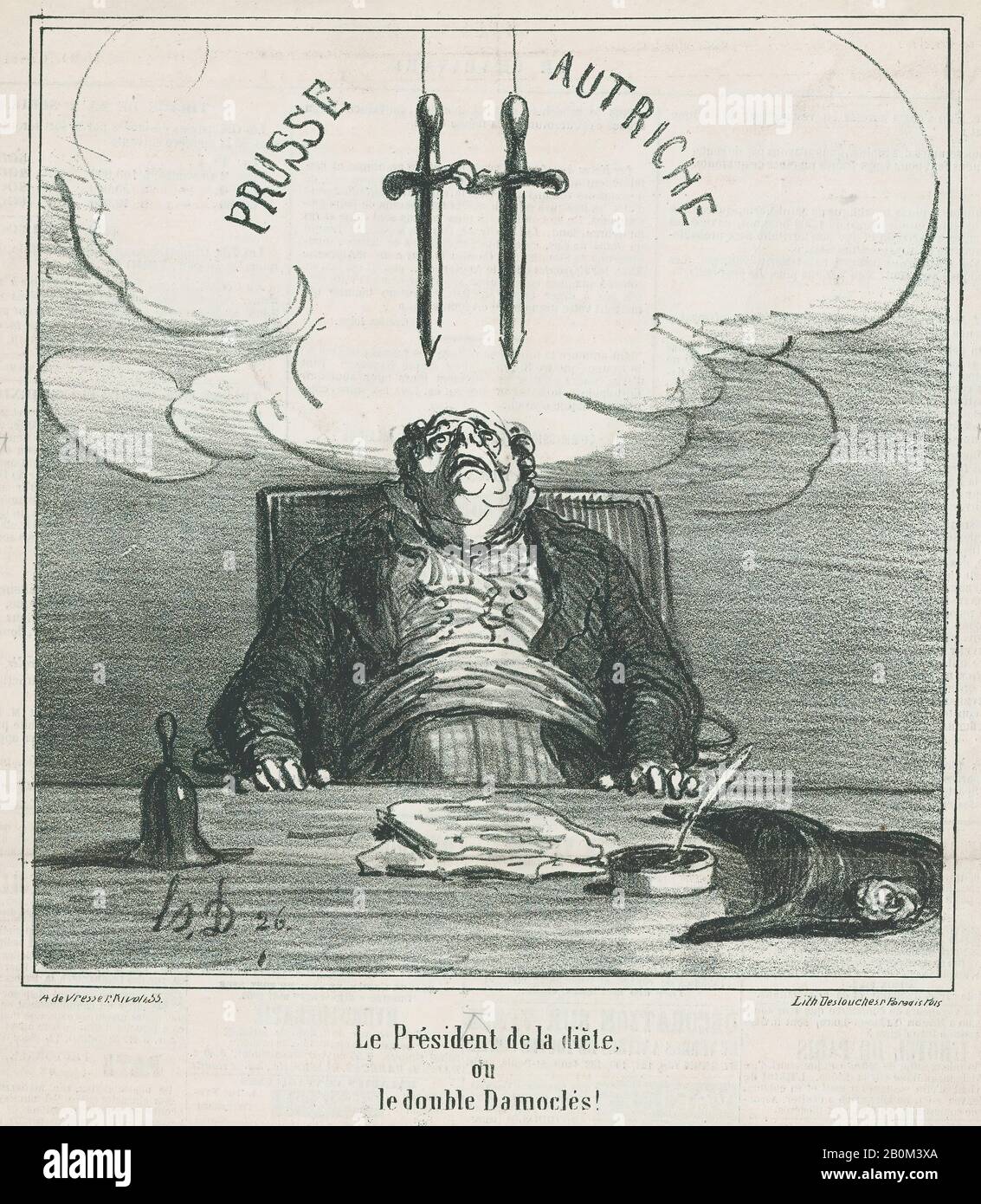 Honoré Daumier, The president of the federal diet or the double sword of Damocles, from 'News of the day,' published in Le Charivari, June 22, 1866, 'News of the day' (Actualités), Honoré Daumier (French, Marseilles 1808–1879 Valmondois), June 22, 1866, Lithograph on newsprint; second state of three (Delteil), Image: 8 15/16 × 8 9/16 in. (22.7 × 21.8 cm), Sheet: 11 3/4 × 11 7/16 in. (29.9 × 29 cm), Prints Stock Photo