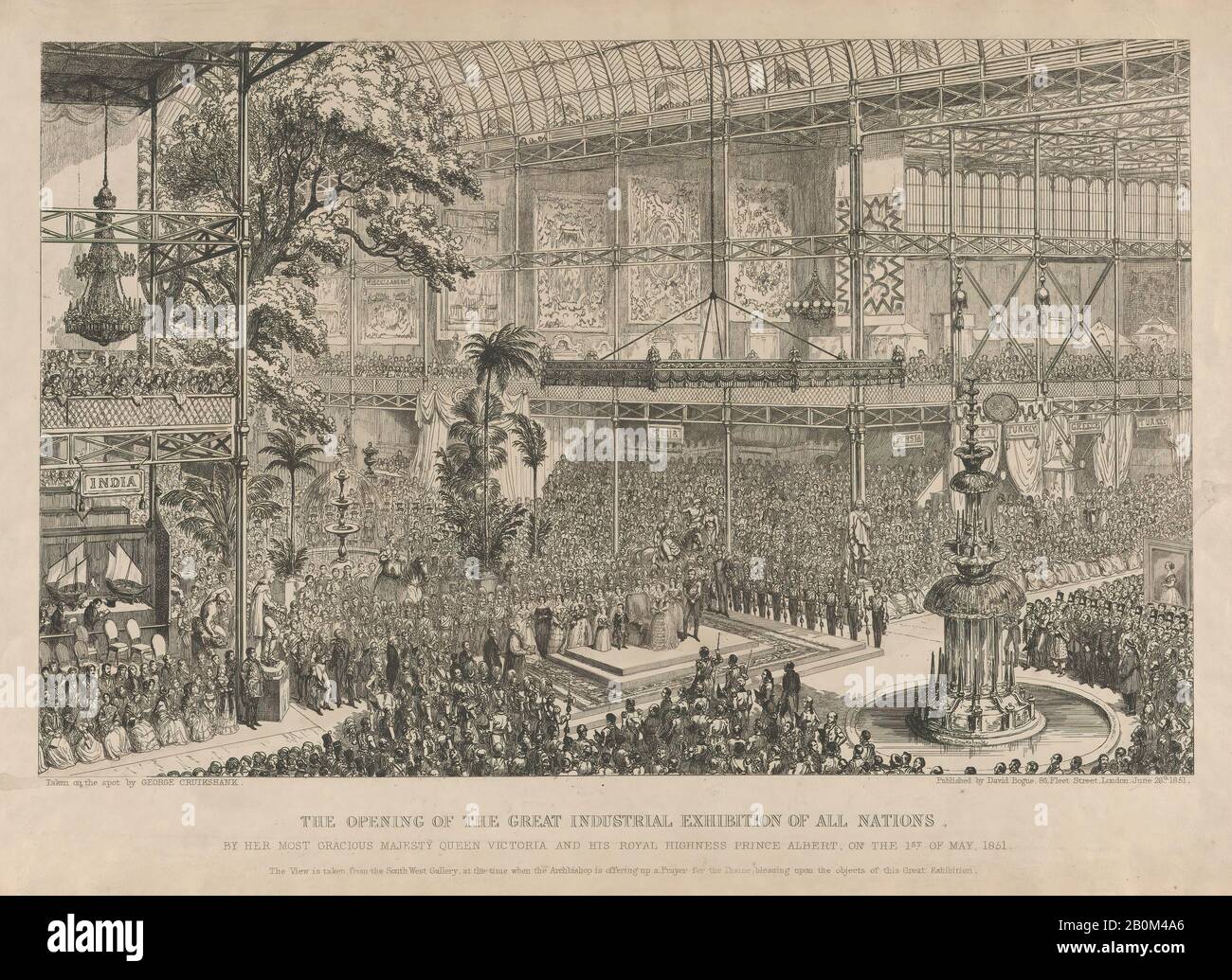 George Cruikshank, The Opening of the Great Industrial Exhibition of All Nations, by Her Most Gracious Majesty Queen Victoria and His Royal Highness Prince Albert, on the 1st of May, 1851: The View is Taken from the South West Gallery, at the time when the Archbishop is offering up a Prayer for the Divine blessing upon the objects in the Exhibition, George Cruikshank (British, London 1792–1878 London), Queen Victoria (British, London 1819–1901 Isle of Wight), Prince Albert of Saxe-Coburg and Gotha (Coburg, Germany 1819–1861 Windsor), Arthur Wellesley, 1st Duke of Wellington (British, 1769–1852 Stock Photo