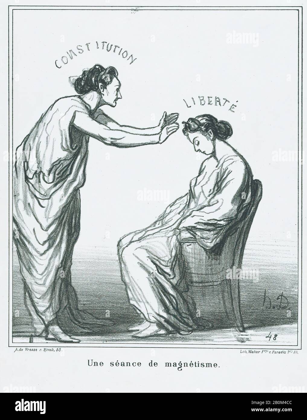 Honoré Daumier, A session of hypnotism, from 'News of the day,' published in Le Charivari, August 31, 1869, 'News of the day' (Actualités), Honoré Daumier (French, Marseilles 1808–1879 Valmondois), August 31, 1869, Lithograph on wove paper; second state of two (Delteil), Image: 9 7/16 × 8 1/16 in. (24 × 20.5 cm), Sheet: 14 1/4 × 10 1/2 in. (36.2 × 26.6 cm), Prints Stock Photo