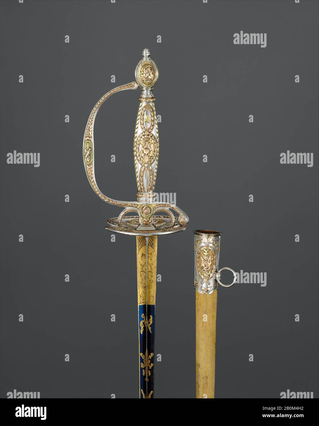 C. Liger, Congressional Presentation Sword with Scabbard of Colonel Marinus Willett (1740–1830), French, Paris, hallmarked for 1785–86, Paris, French, Paris, Steel, silver, gold, fish skin, textile, wood, sword L. 39 5/8 in. (100.6 cm); scabbard L. 33 1/4 in. (84.5 cm), Swords Stock Photo