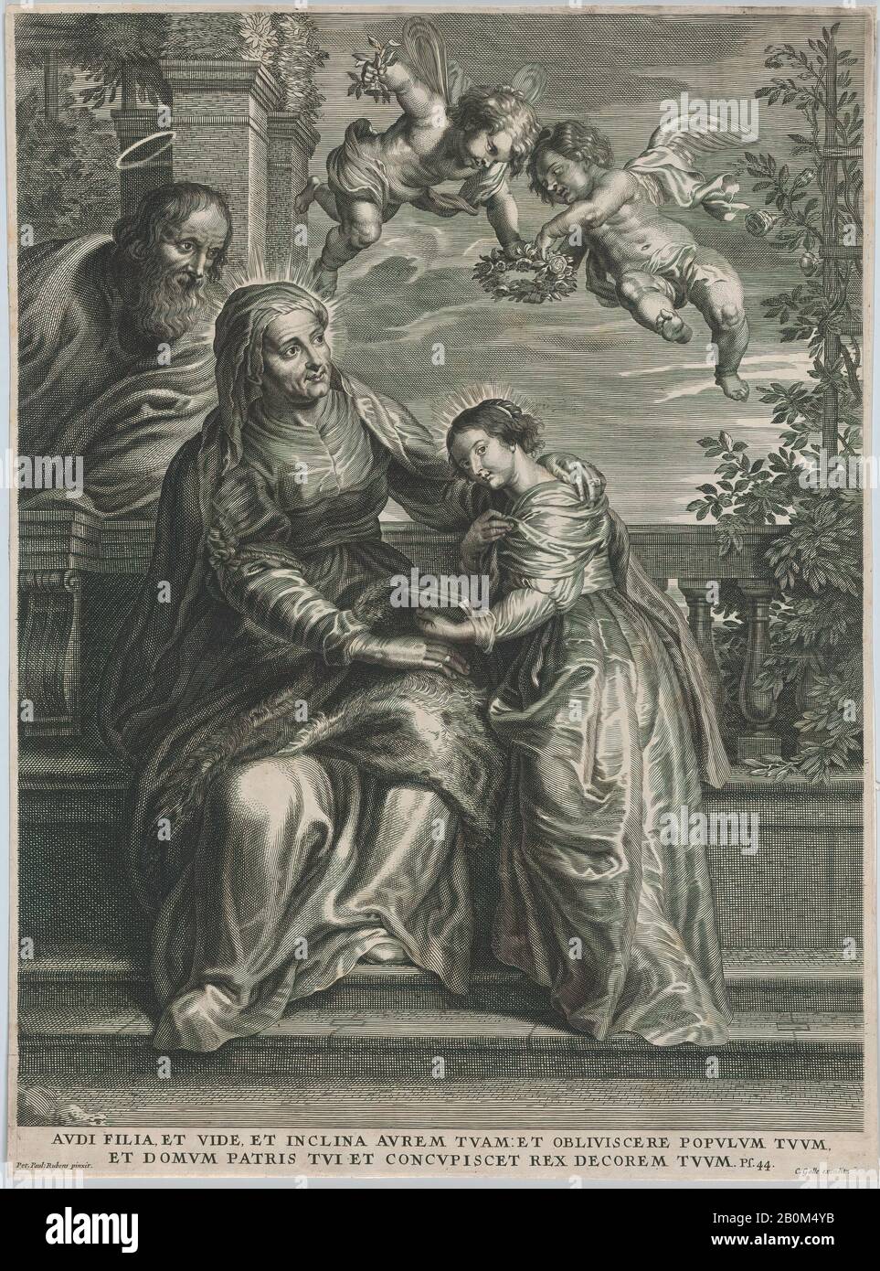 Anonymous, The education of the Virgin, with Saint Anne and the Virgin Mary reading with two putti overhead and Saint Joachim behind them at left, Anonymous, After Peter Paul Rubens (Flemish, Siegen 1577–1640 Antwerp), ca. 1600–50, Etching and engraving; reverse copy, Sheet (Trimmed): 17 3/16 × 12 3/4 in. (43.6 × 32.4 cm), Prints Stock Photo