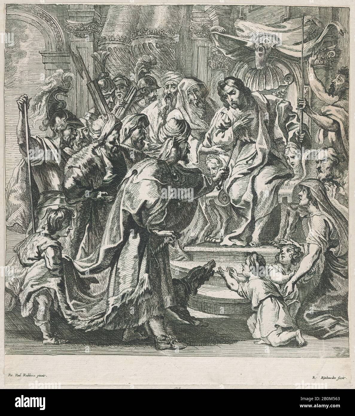 Rombout Eynhoudts, Cambyses punishing the unjust judge Sisamnes, Rombout Eynhoudts (Dutch, Antwerp 1613–1680 Antwerp), After Peter Paul Rubens (Flemish, Siegen 1577–1640 Antwerp), ca. 1630–80, Etching, Sheet (Trimmed): 11 5/8 × 10 9/16 in. (29.5 × 26.8 cm), Prints Stock Photo
