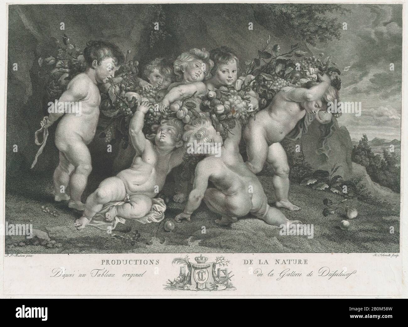 Heinrich Schmitz, Seven putti carrying a garland of fruit, Heinrich Schmitz (German, Kaiserswerth 1758–1787 Düsseldorf), After Peter Paul Rubens (Flemish, Siegen 1577–1640 Antwerp), ca. 1780–87, Etching and engraving, Sheet (Trimmed): 11 3/4 × 15 11/16 in. (29.9 × 39.9 cm), Prints Stock Photo