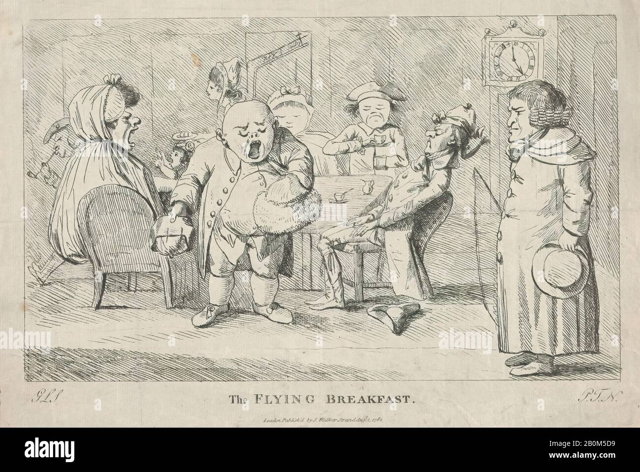 [G.L.S.] Anonymous, British, 19th century, The Flying Breakfast, [G.L.S.] Anonymous, British, 19th century, After [P.J.N.], possibly Thomas Rowlandson (British, London 1757–1827 London), August 1, 1782, Etching, Sheet (trimmed within plate): 8 13/16 × 11 5/16 in. (22.4 × 28.8 cm), Prints Stock Photo