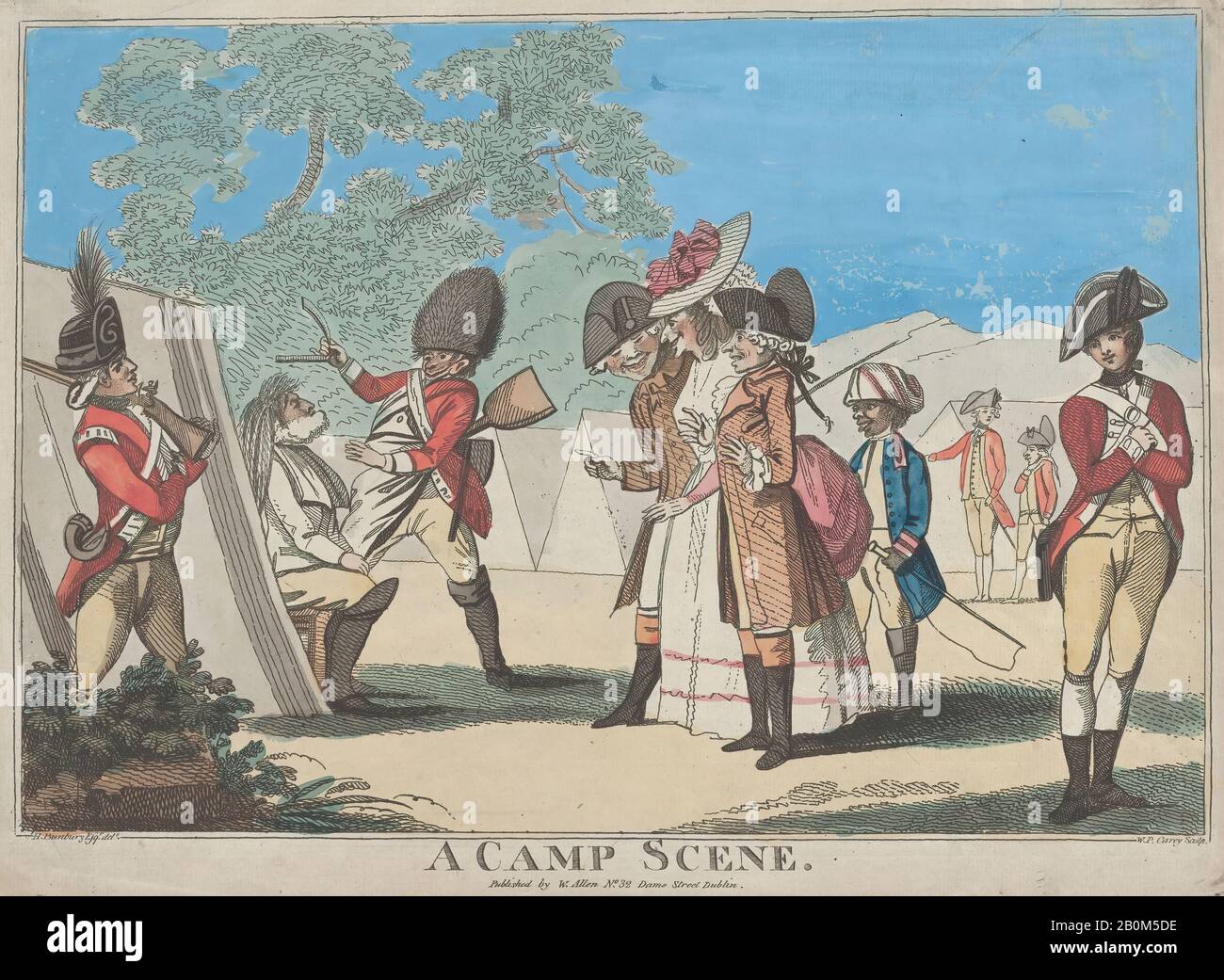 William Paulet Carey, A Camp Scene, After Henry William Bunbury (British, Mildenhall, Suffolk 1750–1811 Keswick, Cumberland), 1784–90, Hand-colored etching, Sheet (trimmed to plate): 10 3/4 × 14 3/4 in. (27.3 × 37.4 cm), Prints Stock Photo