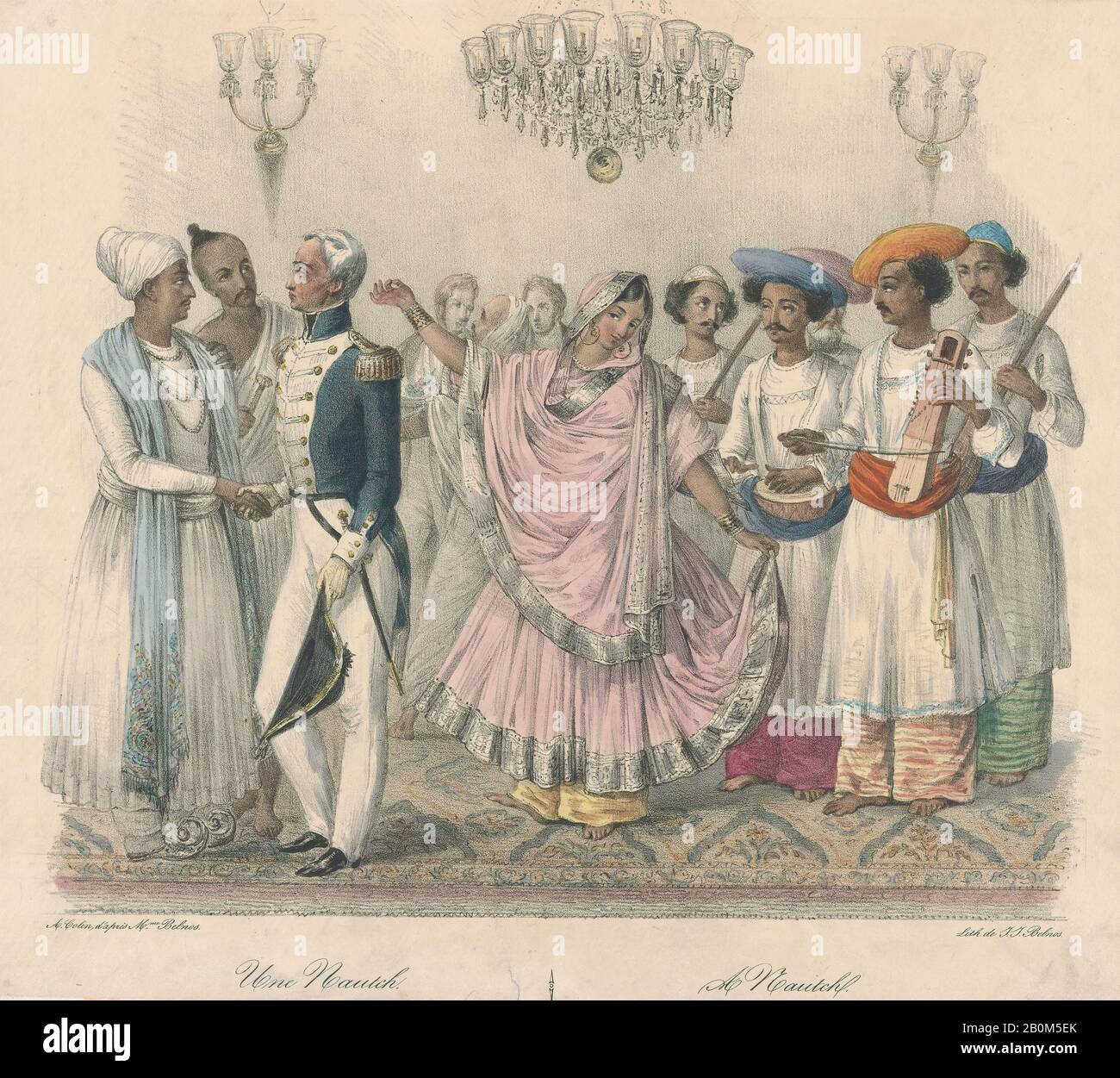 Alexandre-Marie Colin, Une Nautch; from Twenty four Plates Illustrative of Hindoo and European Manners in Bengal, Alexandre-Marie Colin (French, Paris 1798–1875 Paris), Jean Jacques Belnos (French, active 1933), after Mrs. Belnos, 1832, Hand-colored lithograph, Sheet: 10 11/16 × 12 5/16 in. (27.1 × 31.2 cm), Prints Stock Photo