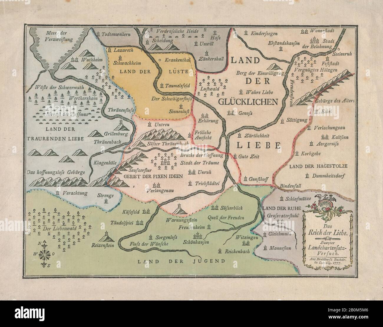 Breitkopf & Härtel, Valentine: Map of the Kingdom of Lover (Das Reich der Liebe), Breitkopf & Härtel (German), 1777, Printed on paper from type composition, hand colored, Sheet: 9 1/16 × 11 7/16 in. (23 × 29 cm Stock Photo