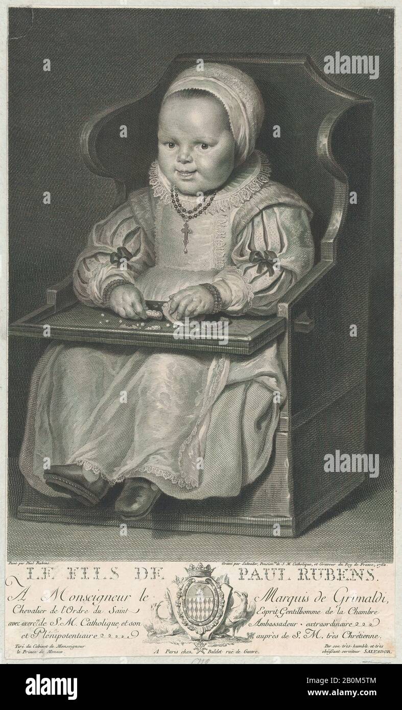 Manuel Salvador Carmona, Portrait of one of Cornelis de Vos' children (probably), seated in a baby chair, Manuel Salvador Carmona (Spanish, 1734–1820), After Cornelis de Vos (Flemish, Hulst 1584/85–1651 Antwerp), Peter Paul Rubens (Flemish, Siegen 1577–1640 Antwerp), 1762, Engraving, Sheet (Trimmed): 13 3/16 × 7 15/16 in. (33.5 × 20.1 cm), Prints Stock Photo