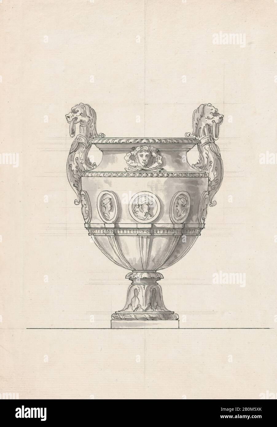 After Claude Ballin the Elder, Bronze Garden Vase with Portrait Medallions and Hybrid Lion-shaped Handles, possibly related to the Gardens of Versailles, After Claude Ballin the Elder (French, 1615–1678) (?), 1673 or after, Pen and ink with gray wash over ruled lines in graphite, Sheet: 10 5/8 × 7 7/16 in. (27 × 18.9 cm Stock Photo