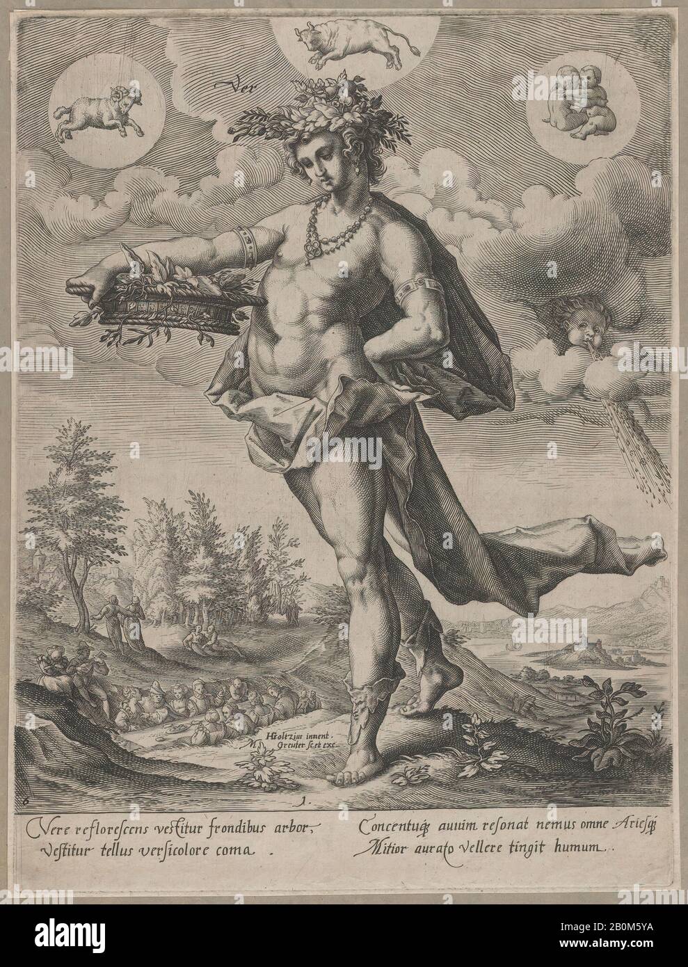 Matthaeus Greuter, Spring from the series The Four Seasons, Matthaeus Greuter (German, Strassburg ca. 1566–1638 Rome), After Hendrick Goltzius (Netherlandish, Mühlbracht 1558–1617 Haarlem), 1589–1600, Engraving, Sheet: 10 3/16 × 7 5/8 in. (25.8 × 19.4 cm), Prints Stock Photo