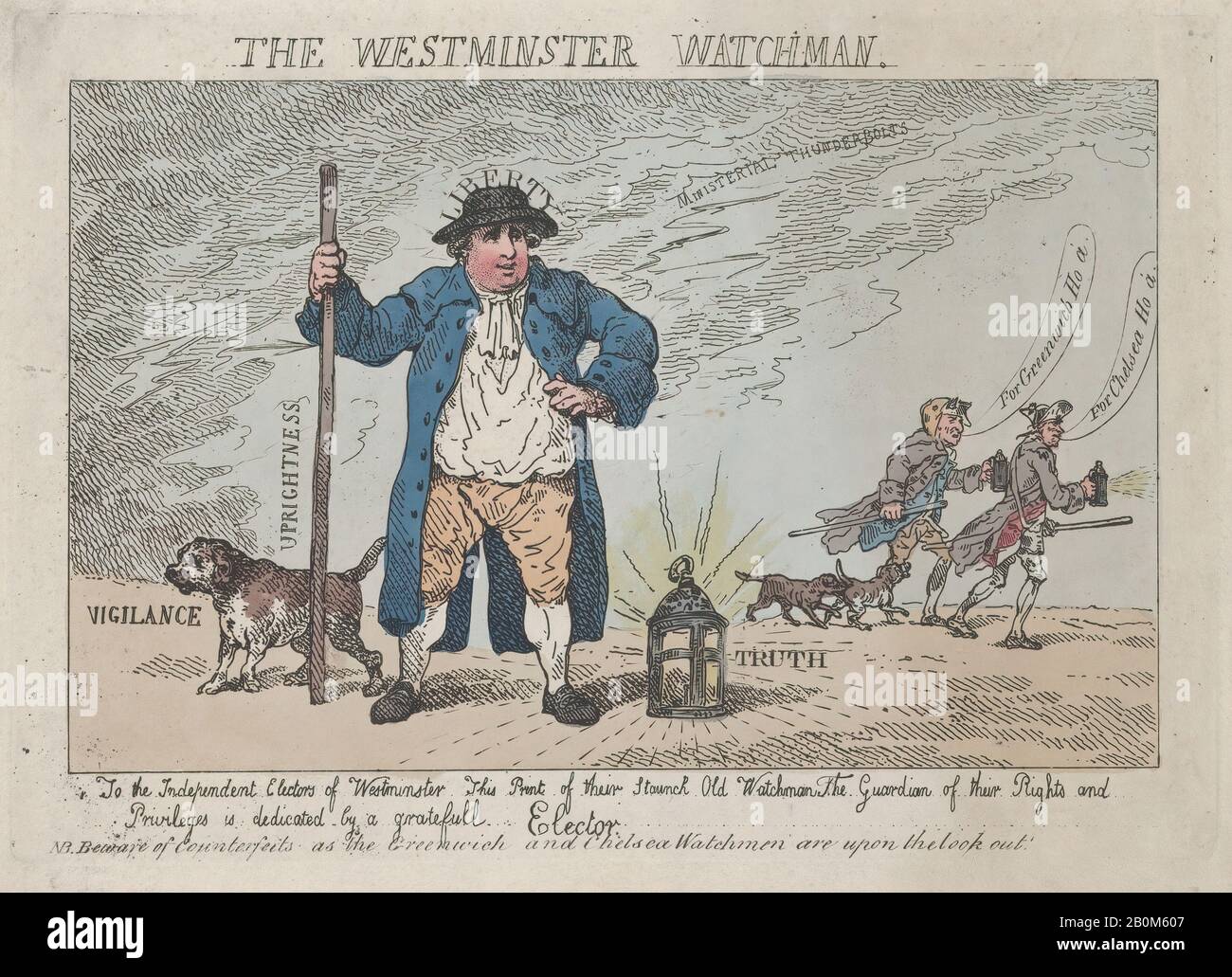 Thomas Rowlandson, The Westminster Watchman, Thomas Rowlandson (British, London 1757–1827 London), Charles James Fox (British, 1749–1806), Sir Cecil Wray (British, Yorkshire 1734–1805 Lincolnshire), Samuel Hood, 1st Viscount Hood (British, 1724–1816), April 12, 1784, Hand-colored etching, Plate: 6 3/4 × 9 5/8 in. (17.2 × 24.4 cm), Sheet: 8 15/16 × 11 11/16 in. (22.7 × 29.7 cm), Prints Stock Photo