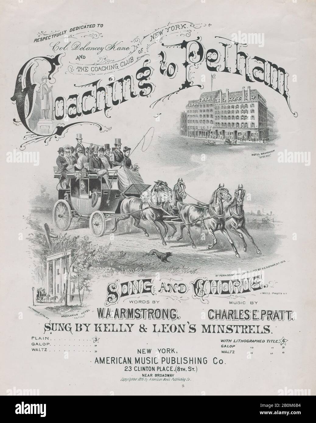 American Music Publishing Company, Coaching to Pelham (Sheet music cover), Henry A. Thomas (New York, NY), Composed by Charles E. Pratt (American, active 1870–90), Lyrics by W. A. Armstrong (American, active ca. 1876), 1876, Lithograph, sheet: 14 x 10 9/16 in. (35.6 x 26.8 cm), Prints Stock Photo