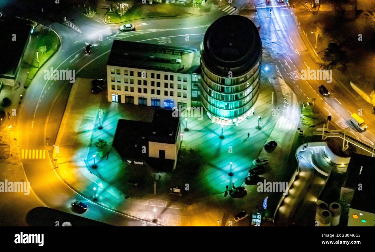 Aerial photo flight over the nocturnal Unna, Jobcenter Kreis Unna, ZOB, ÖPNV, public transport, bus station Unna, Bahnhofstraße, Kantstraße, Unna, Ruh Stock Photo