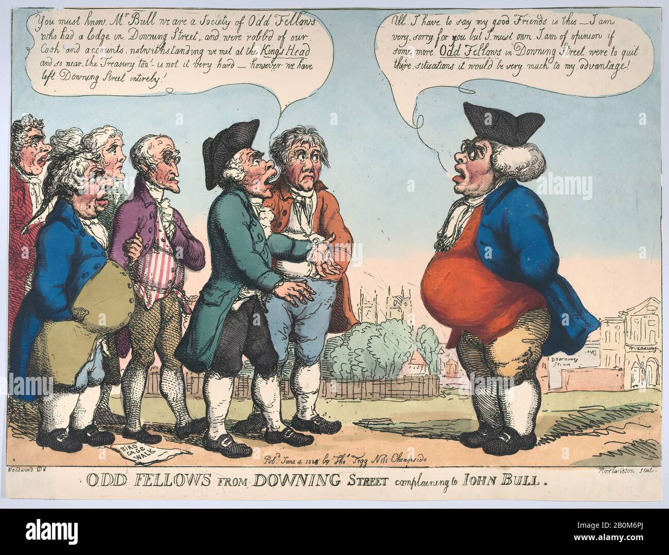 Thomas Rowlandson, Odd Fellows from Downing Street Complaining to John Bull, Thomas Rowlandson (British, London 1757–1827 London), After George Moutard Woodward (British, ca. 1760–1809 London), June 4, 1808, Hand-colored etching, Sheet (trimmed): 9 5/16 × 12 3/8 in. (23.6 × 31.5 cm), Prints Stock Photo