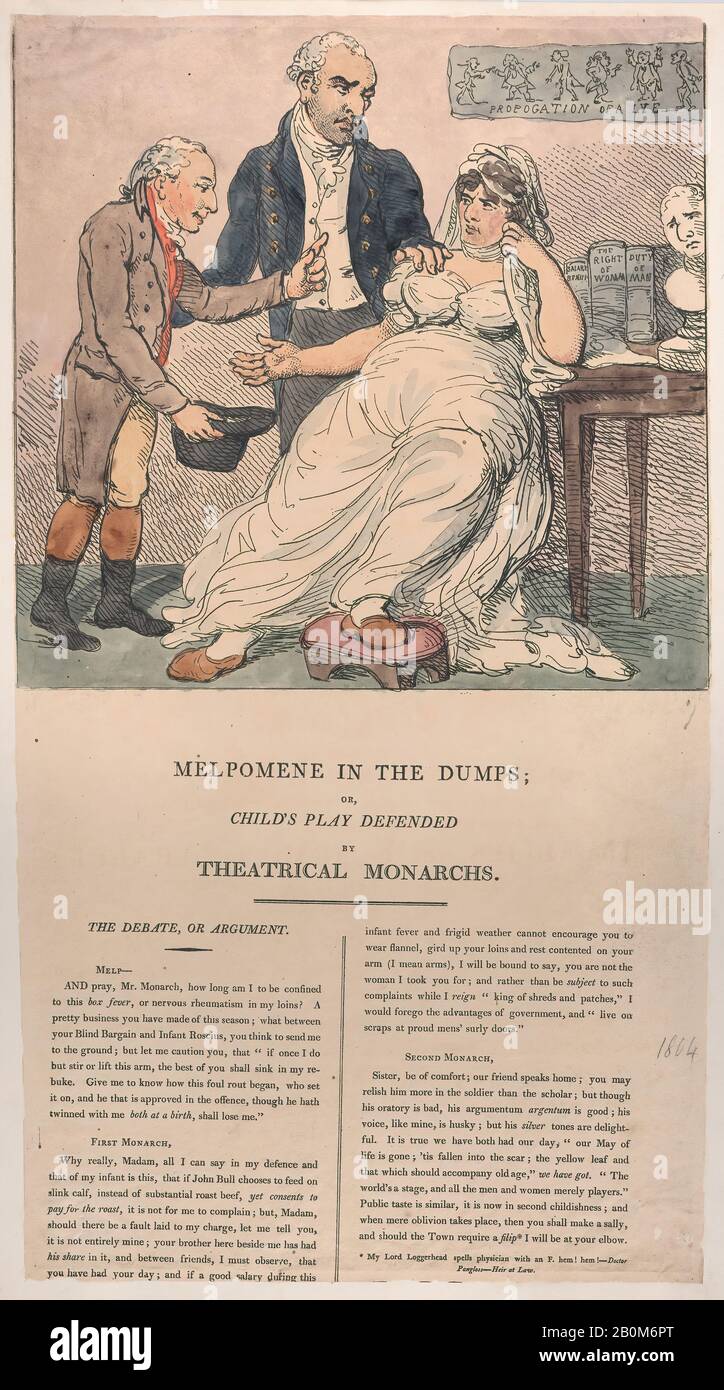 Thomas Rowlandson, Melpomene in the Dumps, or Child's Play Defended by Theatrical Monarchs, Thomas Rowlandson (British, London 1757–1827 London), Sarah Siddons (British, Brecon, Wales 1755–1831 London), John Philip Kemble (British, Prescot, Lancashire 1757–1823 Lausanne), 1804, Hand-colored etching and letterpress, Sheet (trimmed): 16 7/8 × 9 1/8 in. (42.9 × 23.2 cm), Prints Stock Photo