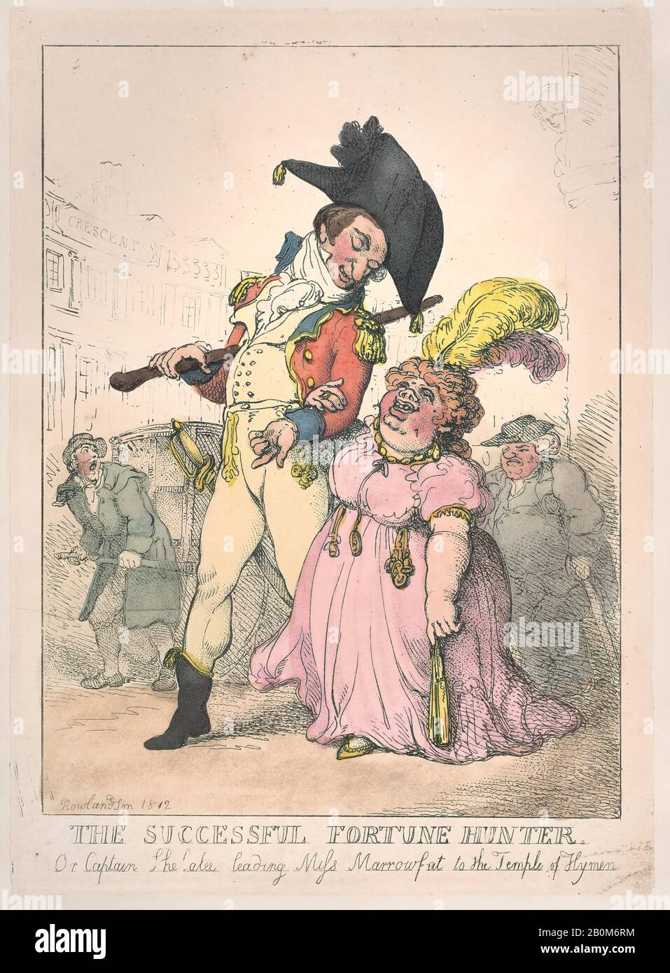 Thomas Rowlandson, The Successful Fortune Hunter, or Captain Shelalee Leading Miss Marrowfat to the Temple of Hymen, Thomas Rowlandson (British, London 1757–1827 London), [1802], reissued 1812, Hand-colored etching, Sheet: 13 7/16 × 9 3/4 in. (34.1 × 24.8 cm), Prints Stock Photo