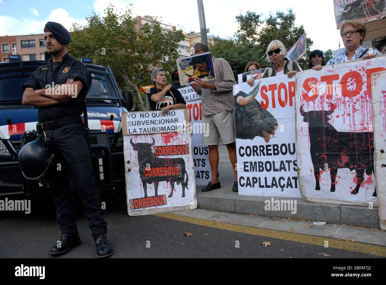 anti-bullfighting demonstration, at the Monumental plaza, Barcelona Stock Photo